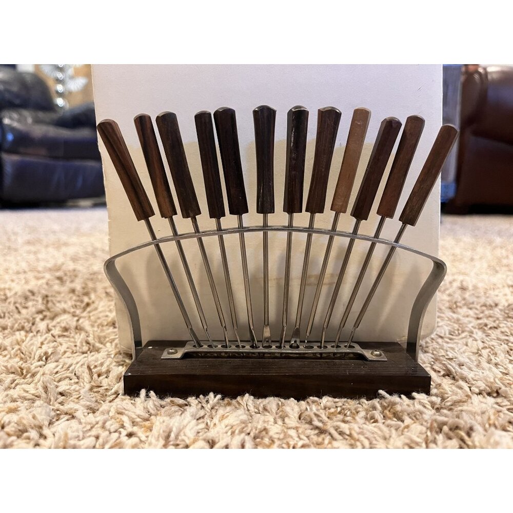 VIntage Mid-Century Set of 12 Hors d'oeuvres Fork in Metal Wood Stand